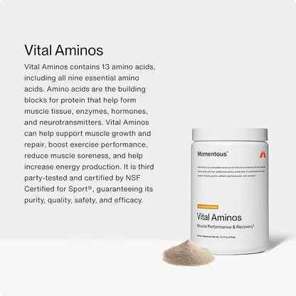 Momentous Vital Aminos Powder Supplement - BCAA & EAA - Tropical Punch - NSF Certified for Sport - GMO- & Gluten-Free - 30 Servings - Package May Vary