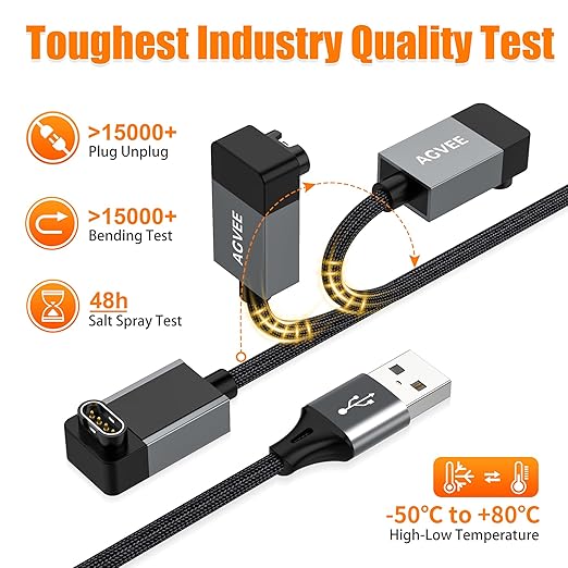 AGVEE 2 Pack 1.5ft Charger for Garmin Watch, L-Shape Zero Gap Charging Cable for Fenix, Forerunner, Vivoactive, Instinct, Venu, Tactix, Approach, D2, Quatix Series, Right Angle Braided, Dark Gray