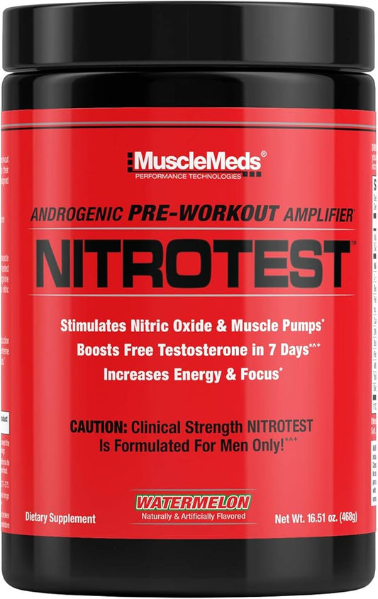 MuscleMeds Nitrotest Pre-Workout Supplement Drink, Boost Nitric Oxide, Testosterone, Watermelon, 30