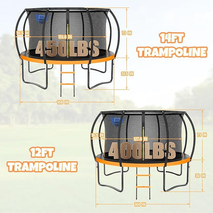 Trampoline 8FT 10FT 12FT 14FT 16FT, Outdoor Trampolines for Kids and Adults, Recreational Trampoline with Enclosure Net & Ladder, Round Trampoline ASTM Approved, 400/450LBS Weight Capacity