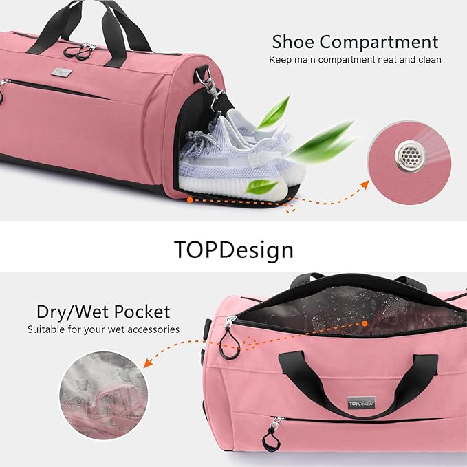 TOPDesign Gym Bag for Women & Men, Unisex Duffel Bag with Shoe Compartment & Wet Pocket for Travel Sports Gym (L Pink)
