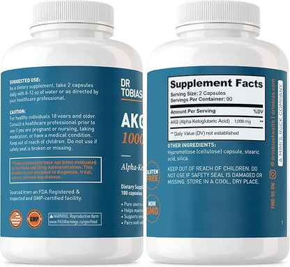 Dr. Tobias AKG Supplement 1000mg Per Serving, Bioavailable Alpha Ketoglutaric Acid, Supports Cellular Energy & Nitric Oxide Flow, Vegan, Gluten-Free, Non-GMO, 180 Capsules, 90 Servings