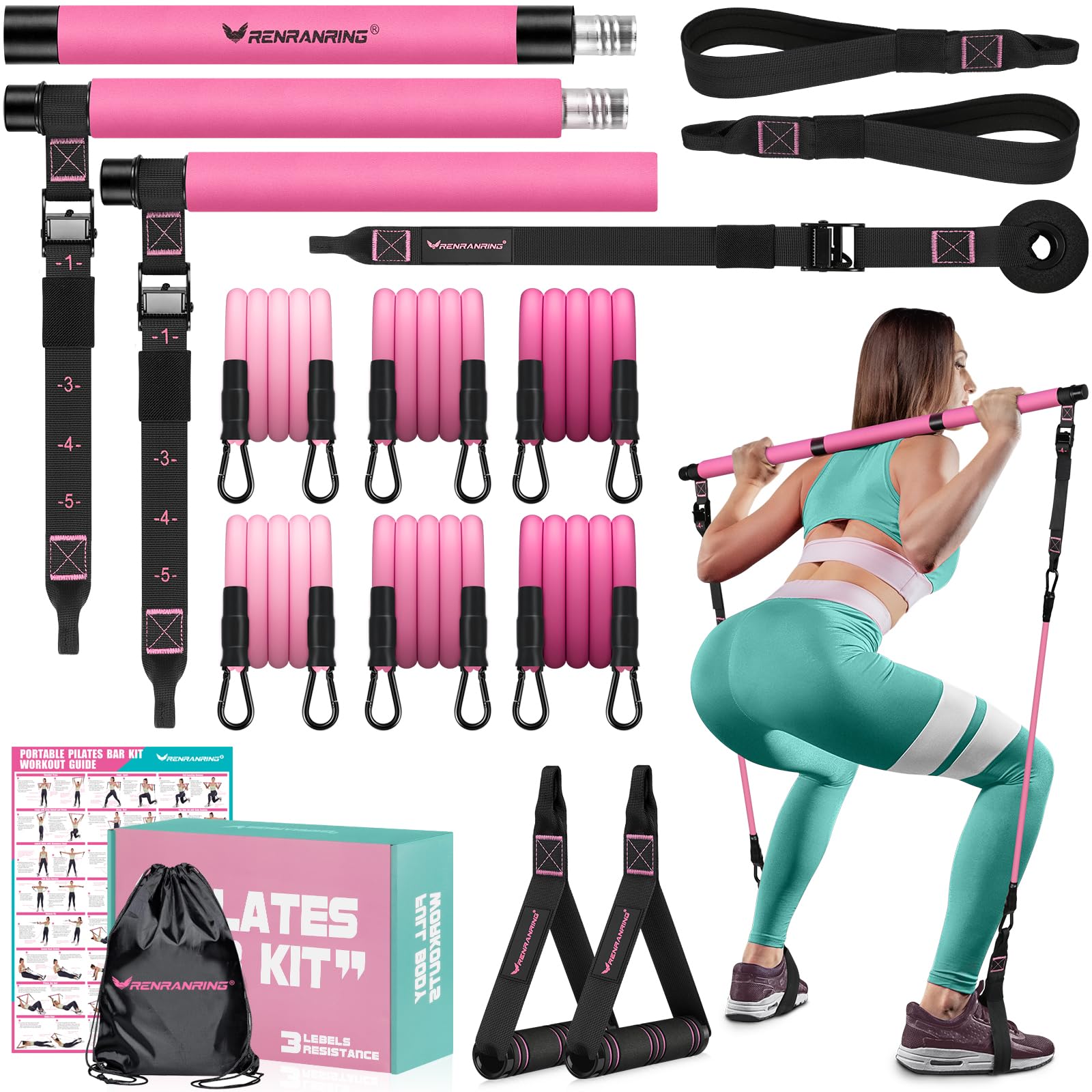 Pilates Bar Kit with 6 Latex Resistance Bands, Adjustable Exercise Bar