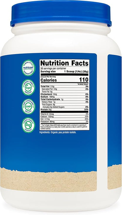 Nutricost Organic Pea Protein Isolate Powder (2LBS) - Unflavored, Certified USDA Organic, Protein from Plants, Vegetarian Friendly, Gluten Free, Non-GMO