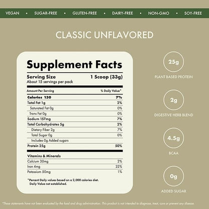 No-Nonsense Plant Protein, 25g Organic Brown Rice & Pea Isolate, Plant Based, Vegan, Gluten/Dairy Free, Sugar Free, Classic Unflavoured, 1.1lb (1pk, 13 Servings)