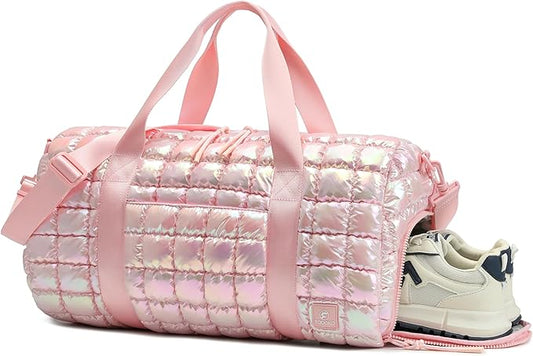 Quilted Duffel Bag for Women, Puffer Gym Duffle Bag with Shoe Compartment Lightweight Large