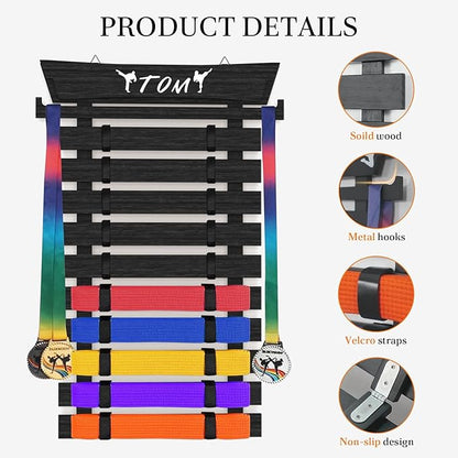 10 Belts Karate Belt Display Rack with Stickers, Taekwondo Belt Display, Martial Arts Belt Display Holder, Jiu Jitsu BJJ Belt Display Hanging Holder for Kids and Adults Gifts
