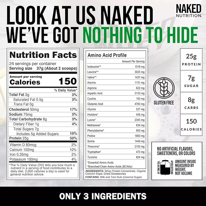 NAKED Strawberry Whey Protein Powder, Only 3 Ingredients, 25g Grass Fed Whey Protein Powder, Aid Muscle Growth & Recovery - 24 Servings