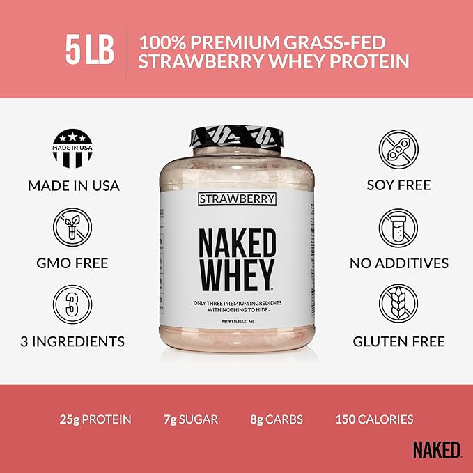 NAKED Strawberry Whey Protein - All Natural Grass Fed Whey Protein Powder + Dried Strawberries + Coconut Sugar- 5lb Bulk, GMO-Free, Soy Free, Gluten Free. Aid Muscle Growth & Recovery - 61 Servings