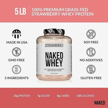 NAKED Strawberry Whey Protein - All Natural Grass Fed Whey Protein Powder + Dried Strawberries + Coconut Sugar- 5lb Bulk, GMO-Free, Soy Free, Gluten Free. Aid Muscle Growth & Recovery - 61 Servings