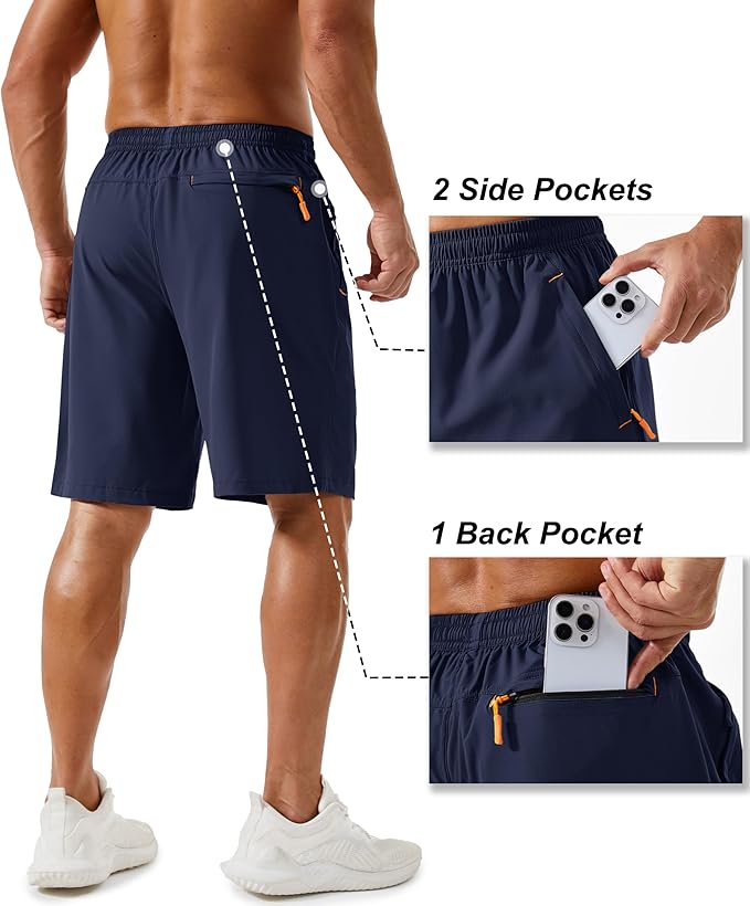 TACVASEN Men's Running Athletic Shorts 9" Quick Dry Workout Gym Shorts Lightweight Summer Shorts 3 Zipper Pockets