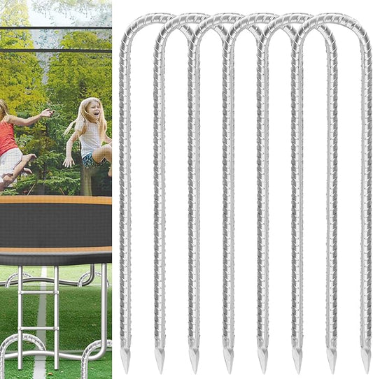 Trampoline Stakes Anchors High Wind 16inx10mm Galvanized U Hook 6pcs Rebar Stakes – Heavy Duty Ground Anchors for Trampoline,Yard & Inflatable,Landscape Metal Stakes for Outdoor Decorations