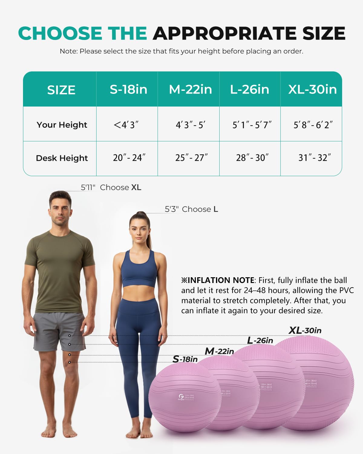 Gruper Yoga Ball, Extra Thick Exercise Ball for Workout Pregnancy Stability - 4 Sizes Anti Burst