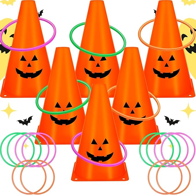 24 PcsHalloween Ring Toss Game Outdoor Carnival Party Games Include 6 Plastic Cones 18 Toss Rings for Halloween Party Games Indoor Outdoor Yard Activities