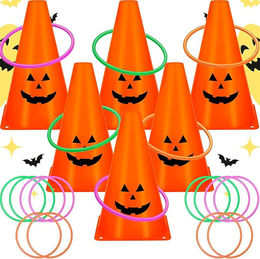 24 PcsHalloween Ring Toss Game Outdoor Carnival Party Games Include 6 Plastic Cones 18 Toss Rings for Halloween Party Games Indoor Outdoor Yard Activities