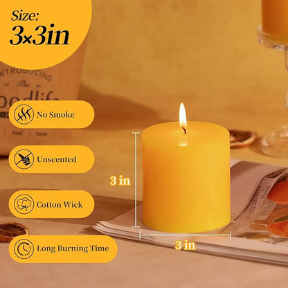 KONNI Yellow Pillar Candles Set of 3, 3"x 3" Unscented Pillar Candles Bulk, 30 Hours Long Burning Candles, Smokeless&Dripless Large Round Candle for Wedding, Home Decoration, Parties, Spas, Dinner