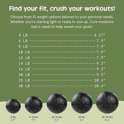 Core Weighted Medicine Ball 4, 6, 8, 10, 12, 14, 16, 20, 25, 30 lbs, Soft Touch Vegan Leather with Sturdy Grip for Strength Training, Recovery, Balance Exercises and Other Full-Body Workouts