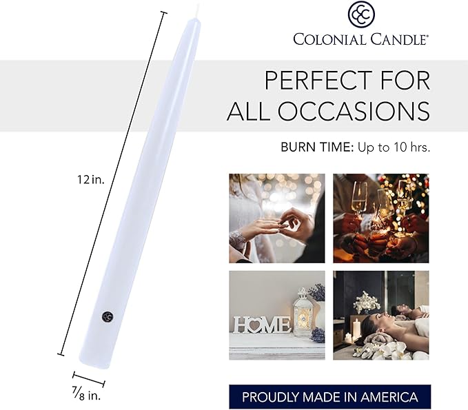 Colonial Candle Unscented Taper Candle, Handipt Collection, White, 12 In, Pack of 12 - Up to 10 Hours Burn
