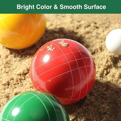 Bocce Balls Set, 90mm Regulation Size and Weight, Durable Beach/Yard/Lawn Game for Kids, Adults and Family. Including 8 Bocce Balls, Pallino, Measuring Rope and Carrying Bag.