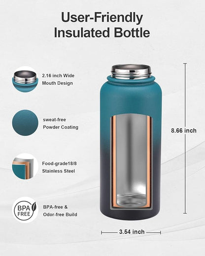 32oz Insulated Water Bottle,Stainless Steel Vacuum Water Bottle, BPA-Free & Leakproof -with Paracord Handle,Strap,Straw Spout Lids,Large Water Jug for Gym Sports