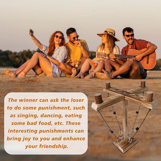 4 Player Hook and Ring Toss Battle Game - Handmade Wooden Loop Throwing Hooks for Adults, Fast-Paced Interactive Home Party Game