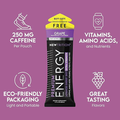 NewTrition® Extra Strength Energy Shots, 250mg Caffeine Energy Shots with Vitamin B & Amino Acids, Sugar-Free Vitamin Energy Shot, 1.7 fl oz (Pack of 6, Grape)
