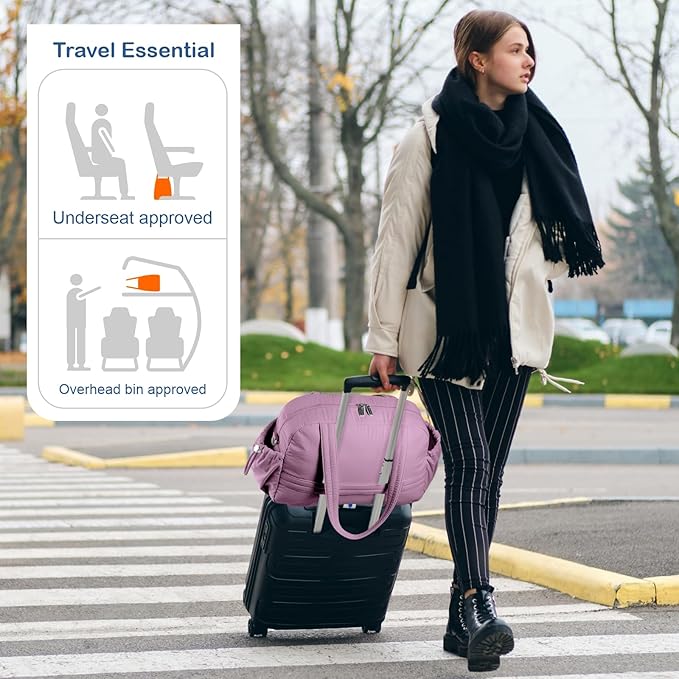 TOPDesign Travel Duffel Bag for Women, Puffer Gym Bag Sports Tote with Wet Pocket, Carry On Weekender with Luggage Sleeve (Purple)