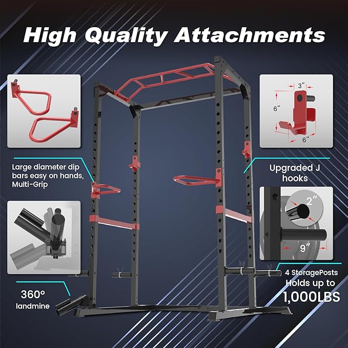 Fitness Reality Power Cage Squat Rack with Optional LAT Pulldown, Cable Crossover, 800 lb Capacity, Multi-Grip Pull-Up Bar, Adjustable Safety Bars, Strength Training for Home Gym