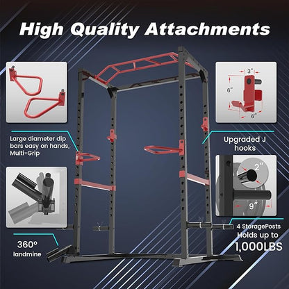 Fitness Reality Power Cage Squat Rack with Optional LAT Pulldown, Cable Crossover, 800 lb Capacity, Multi-Grip Pull-Up Bar, Adjustable Safety Bars, Strength Training for Home Gym