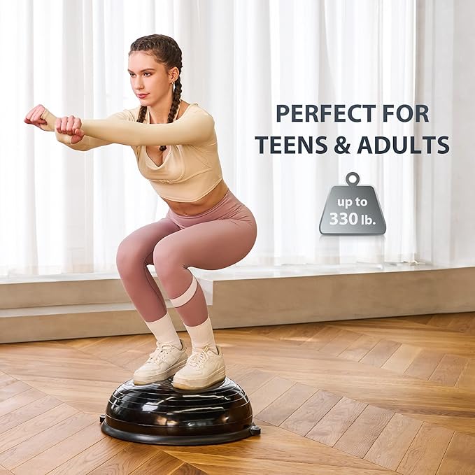 ZELUS Balance Ball Trainer with Resistance Bands and Foot Pump, Inflatable Yoga Ball for Home Gym Workouts, 23 Inch Exercise Half Ball for Balance Training Core Strength Fitness More, 330lb Cap