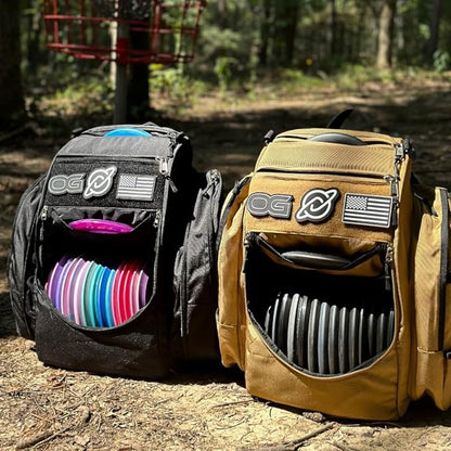 Discology Disc Golf OG V3 Disc Golf Bag | 26+ Disc Capacity | Premium Disc Golf Backpack Bag | Tough, Durable Design | 2 Large Top and Side Compartments | Top Patch Panel with Three Patchs Included