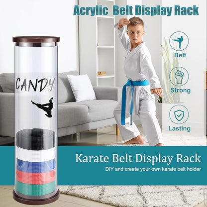 Tatuo 20 Belts Acrylic Karate Belt Display Rack with 6 Sheets Stickers Martial Arts Belt Display Holder Taekwondo Belt Display for Adults Karate Belt Holder Gifts Cylinder Belt Display