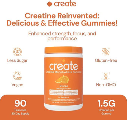 Create Creatine Monohydrate Gummies for Men & Women, Boost Focus, Strength, and Endurance, Anti-Melting Formula, Vegan, Gluten-Free, Non-GMO, 1.5g of Creatine per Gummy (Orange, 90 ct)