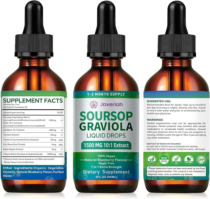 Soursop Graviola Liquid Drops Supplement with Sea Moss Extract, Soursop Bitters Liquid for Cell Support & Regeneration, Immunity, Liver, Antioxidant, Graviola Leaves Extract 2 Month Supply 60ML