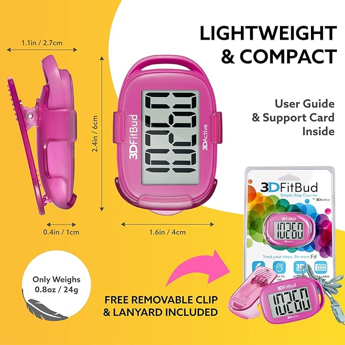 3DFitBud Simple Step Counter Walking 3D Pedometer from 3DActive with Clip & Lanyard - A420S