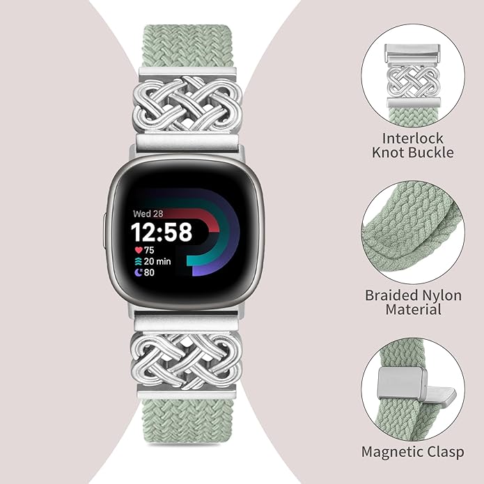 Braided Band Compatible with Fitbit Versa 4 Bands for Woman/Versa 3/Sense 1/Sense 2 Band, Magnetic Clasp Fabric Nylon with Designer Interlock Buckle Straps for Fitbit Versa4/3/Sense1/2