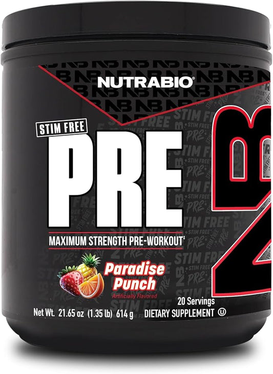 NutraBio STIM-Free PRE Workout for Men, New Formula | Laser Focus, Extreme Pumps | Performance, Endurance | 10g Citrulline, Beta Alanine, Nitrates, Nootropics, Electrolytes-20 Servings Paradise Punch