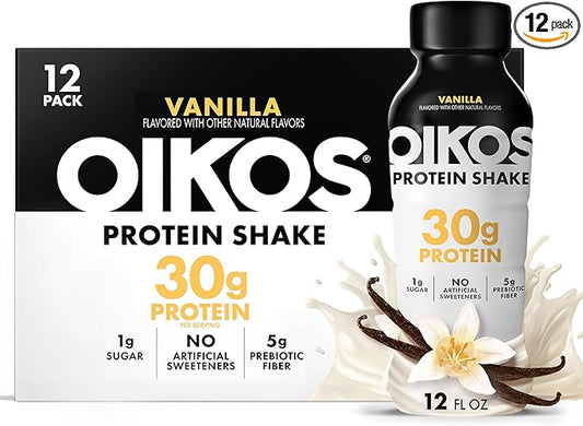 Oikos Protein Shake, Vanilla, 30g High Protein Drinks, Shelf Stable, Ready to Drink, 5g Prebiotic