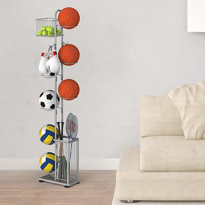 7 Tier Ball Storage Rack, Basketball Holder, Garage Sports Equipment Organizer with Basket & Hooks, Basketball Rack for Indoor/Outdoor, Ball Rack for Basketballs Footballs Volleyball, Silver