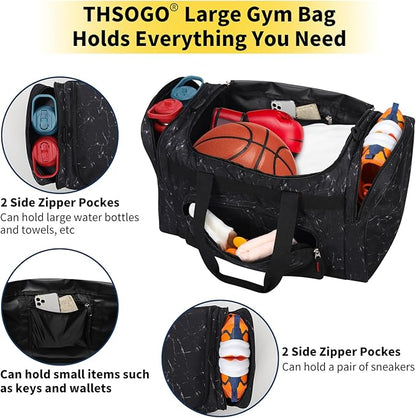 22 inch Gym Bag for Men - 55L Large Travel Duffle Bag Sports Equipment Bag with Multiple Zippered Pockets,Outdoor Workout Duffle Bag for Overnight Weekend - Marble Black