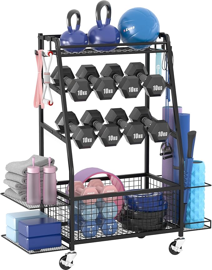 Weight Rack for Dumbbells - Home Gym Storage Rack - Dumbbell and Weight Organizer with 4 Flexible Wheels and Unique Storage on Both Sides