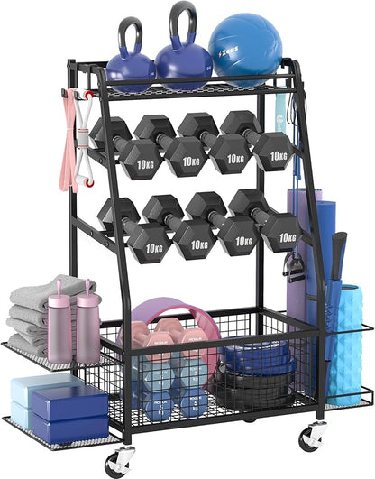 Weight Rack for Dumbbells - Home Gym Storage Rack - Dumbbell and Weight Organizer with 4 Flexible Wheels and Unique Storage on Both Sides