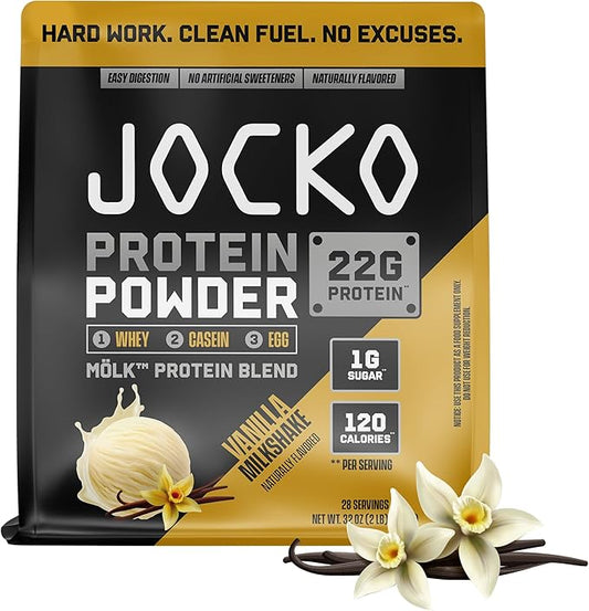 Jocko Fuel Mölk Whey Protein Powder 22g Protein - Low Sugar Monk Fruit Blend - Muscle Recovery & Growth, Packaging May Vary (28 Servings, Vanilla Milkshake)