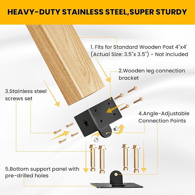 4 Pack Adjustable Swing Brackets, Heavy Duty Stainless Steel Swing Set Kit for 4"x4"(Actual 3.5"x3.5") Wood Post,Protects Wood Legs,Enhances Stability, Suitable for Outdoor Patio, Garden, Black
