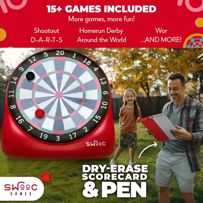 SWOOC Games - XL Giant Kick Darts (Over 8ft Tall) with 15+ Games Included - Jumbo Soccer Darts w/Air Pump - Big Inflatable Games - Carnival Games - Giant Outdoor Games & Activities - Giant Yard Games