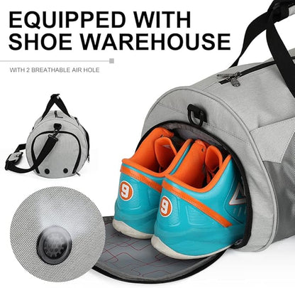 INOXTO Small Sports Gym Bag，Travel Duffel Bag with Dry Wet Pocket and Shoes Compartment for Women and Men，35L Waterproof Weekender Fitness bag For Swim Sports Travel Working Out (light grey 2)