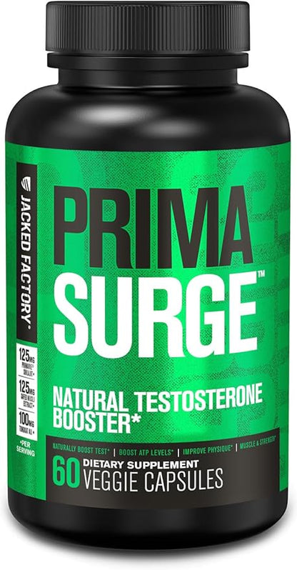 Jacked Factory Testosterone Booster for Men PRIMASURGE - w/Tongkat Ali, PrimaVie, Ashwagandha - Boost Vitality, Muscle Growth & Energy | Natural Test Booster Supplement - 60 Veggie Pills