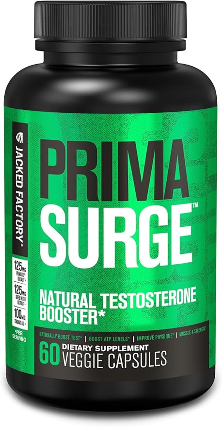 Jacked Factory Testosterone Booster for Men PRIMASURGE - w/Tongkat Ali, PrimaVie, Ashwagandha - Boost Vitality, Muscle Growth & Energy | Natural Test Booster Supplement - 60 Veggie Pills
