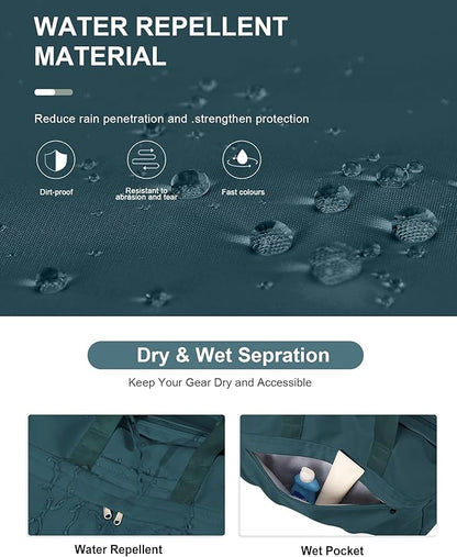 Gym Bag for Women Men, Sport Duffel Bag with Toiletry Bag & Shoe Compartment,Waterproof Travel Weekender Overnight Carry on Bag for Yoga with Trolley Sleeve, Peacock Blue Set