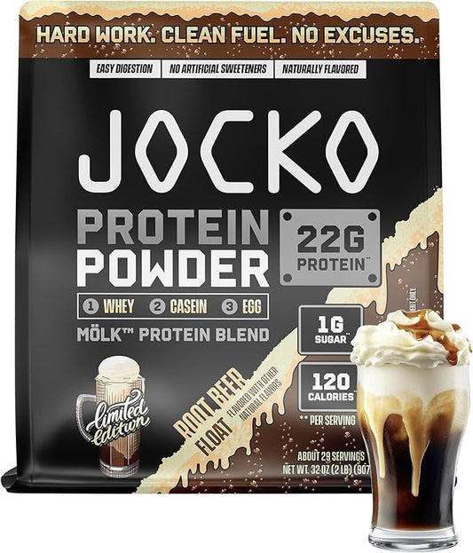 Jocko Fuel Mölk Whey Protein Powder - Keto, Probiotics, Digestive Enzymes, Amino Acids, Low Sugar Monk Fruit Blend - Supports Muscle Recovery & Growth (29 Servings, Root Beer Float)